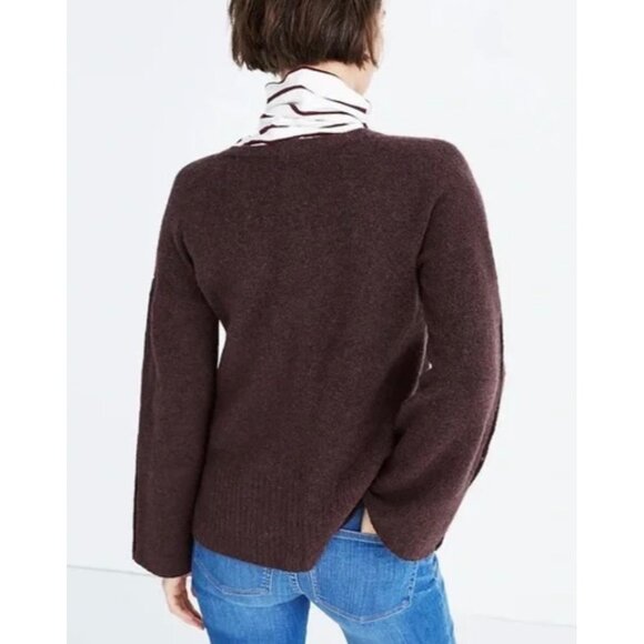 MADEWELL Solid Brown Button-Sleeve Alpaca Wool Round Neck Pullover Sweater Small - Picture 3 of 10